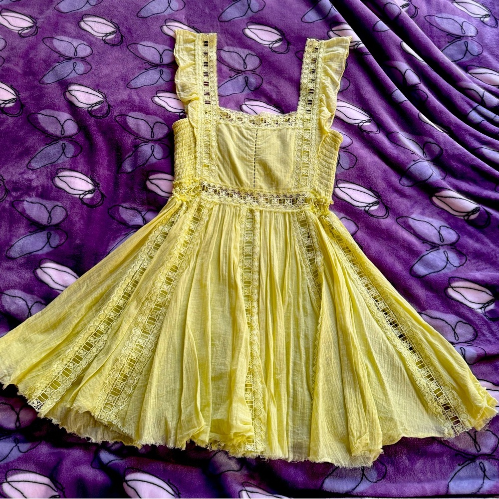 Greenish - Yellow Lace-Trim Cotton Free People Sundress